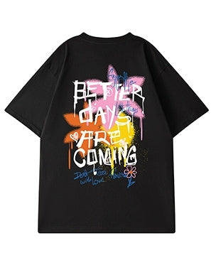 カラースプレーメッセージグラフィック半袖Tシャツ U2493