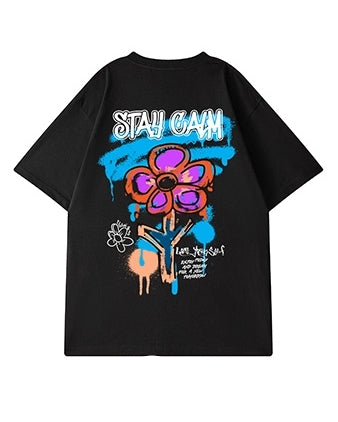 グラフィティフラワーバックプリント半袖Tシャツ U2480