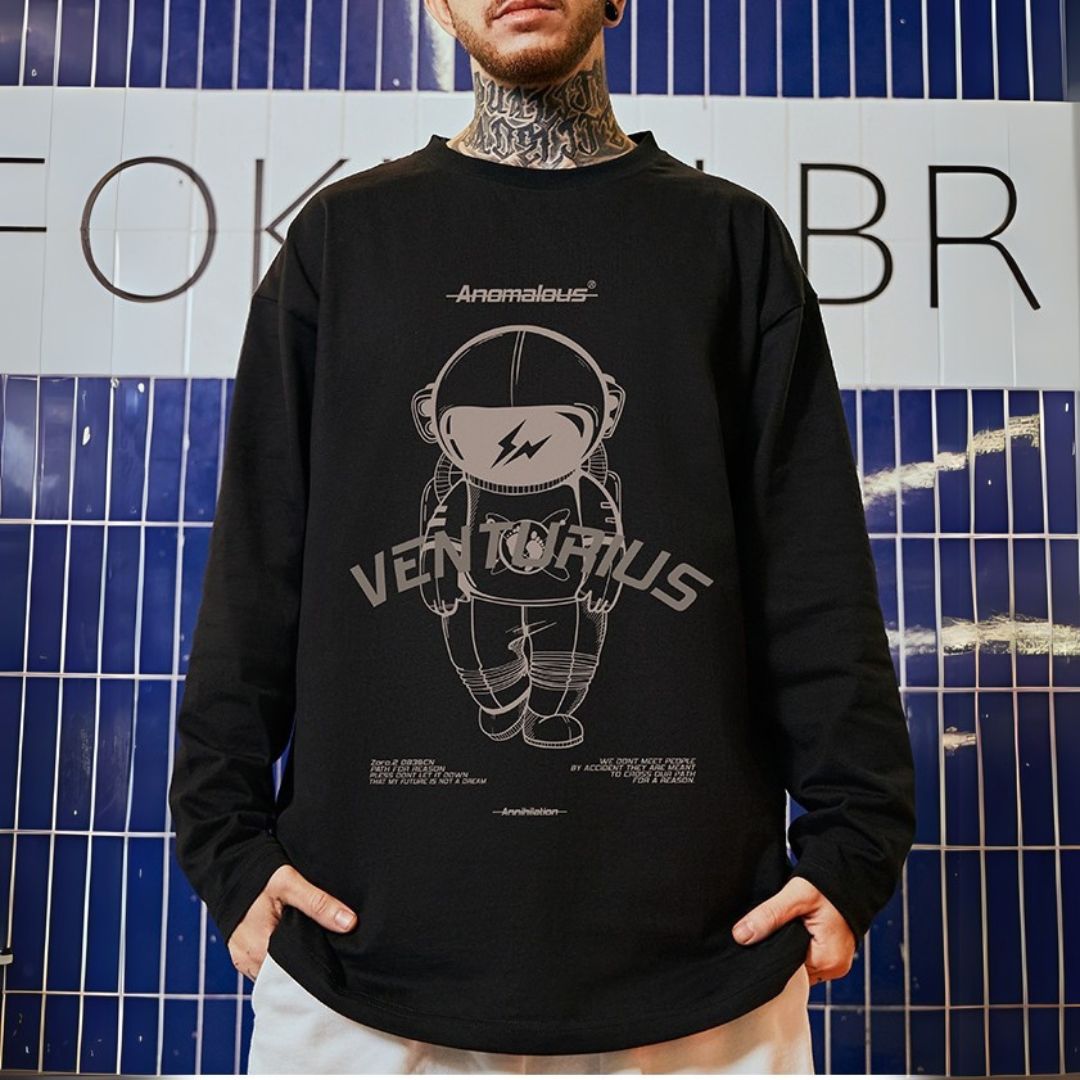 イラストラウンドネック長袖Tシャツ U2290