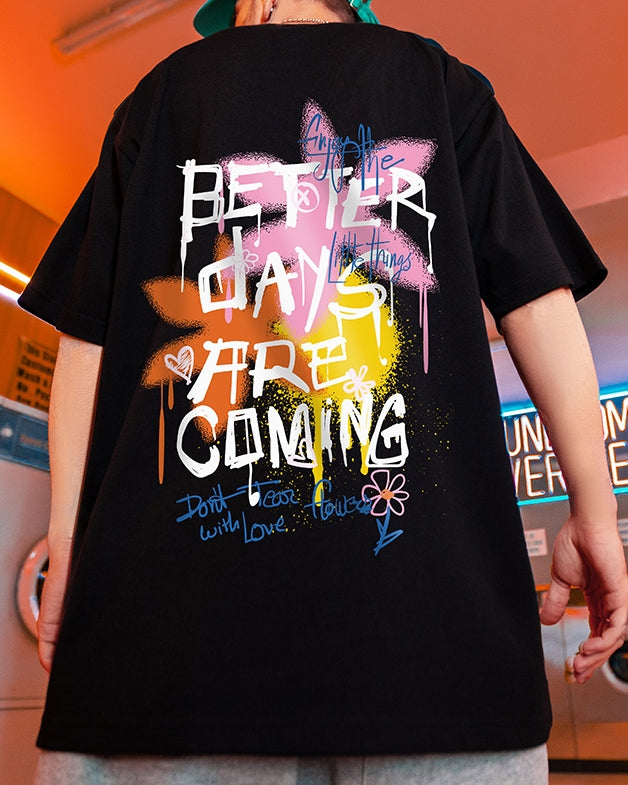 カラースプレーメッセージグラフィック半袖Tシャツ U2493