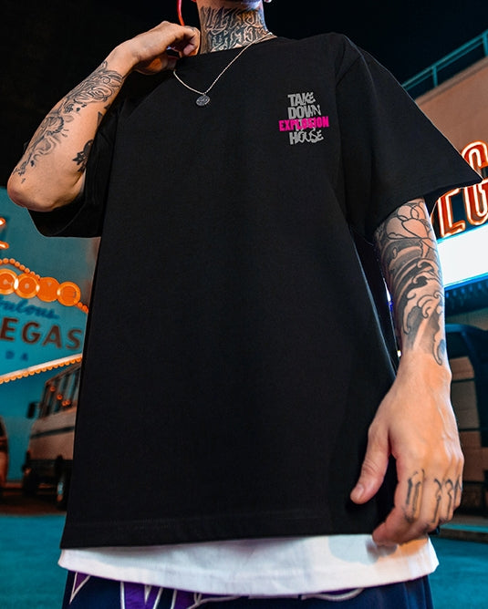 インパクトフォントダメージロゴ半袖Tシャツ U2491