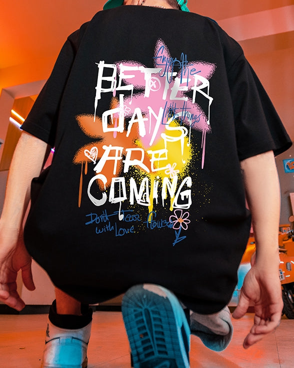 カラースプレーメッセージグラフィック半袖Tシャツ U2493