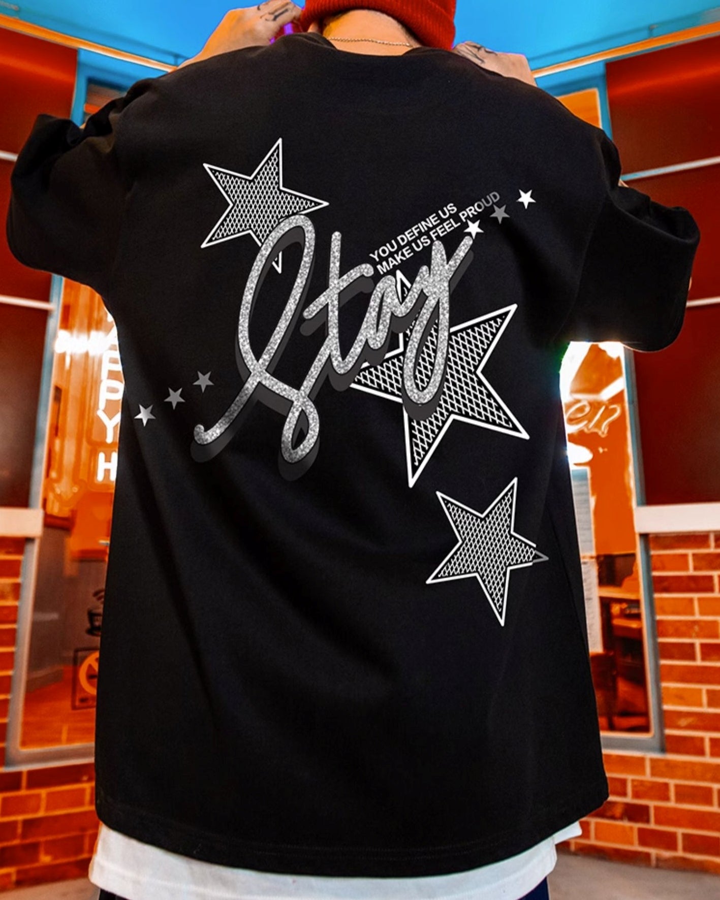 スターグリッターバックプリント半袖Tシャツ U2479