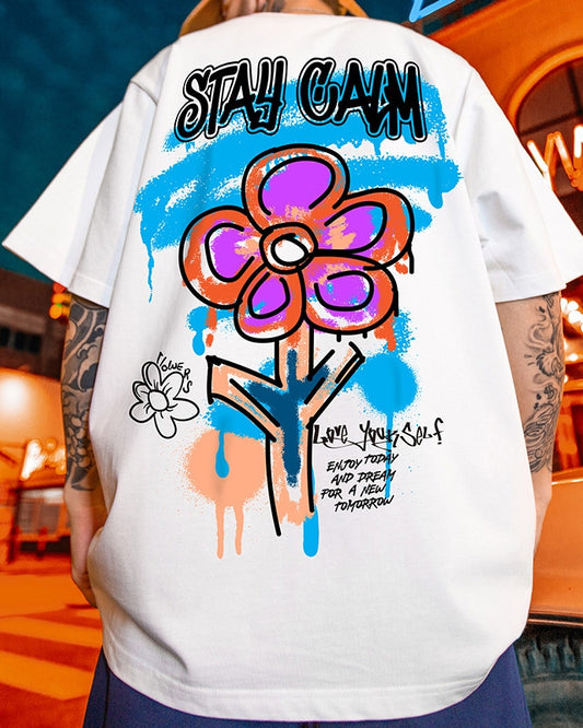 グラフィティフラワーバックプリント半袖Tシャツ U2480