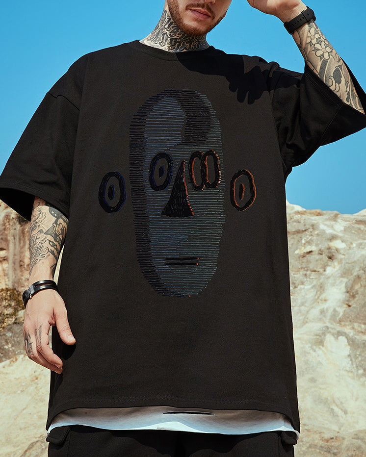 アブストラクトフェイス半袖Tシャツ U2179