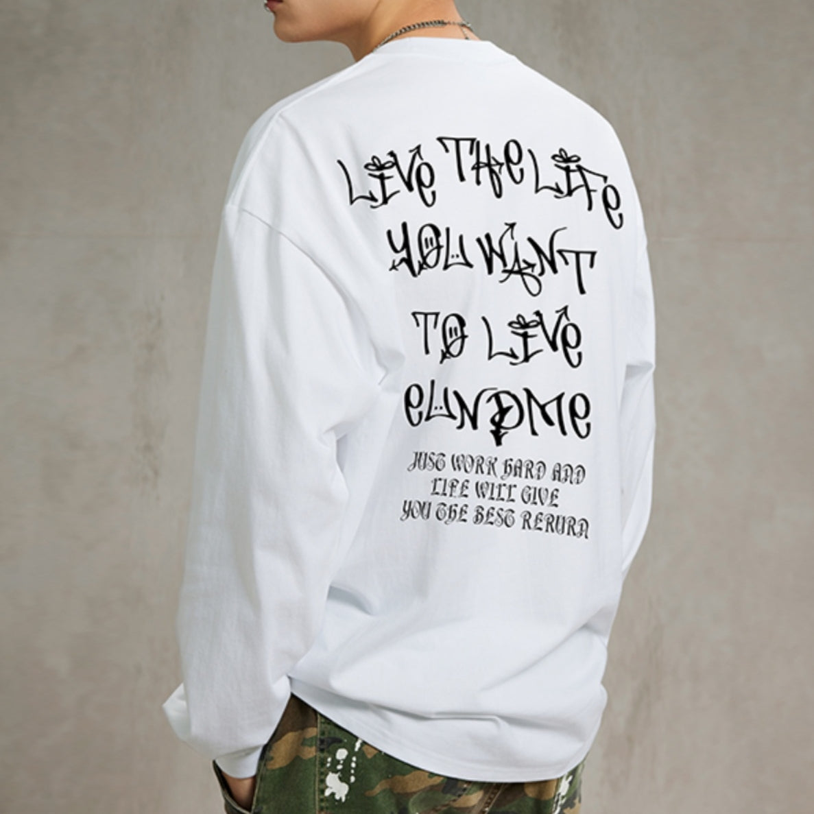 レターバックプリントストリート長袖Tシャツ U1891