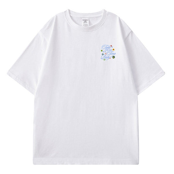 プリントフラワーモチーフルーズシルエット半袖Tシャツ U2600