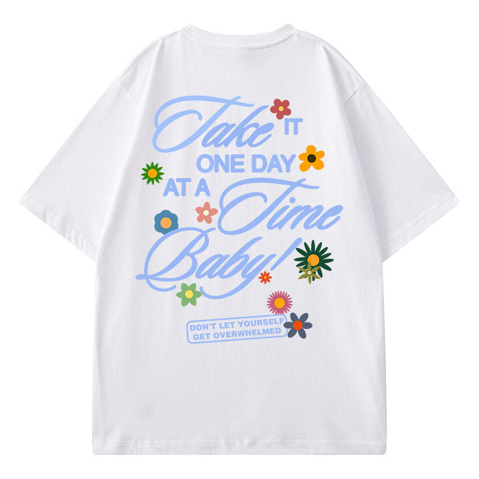 プリントフラワーモチーフルーズシルエット半袖Tシャツ U2600
