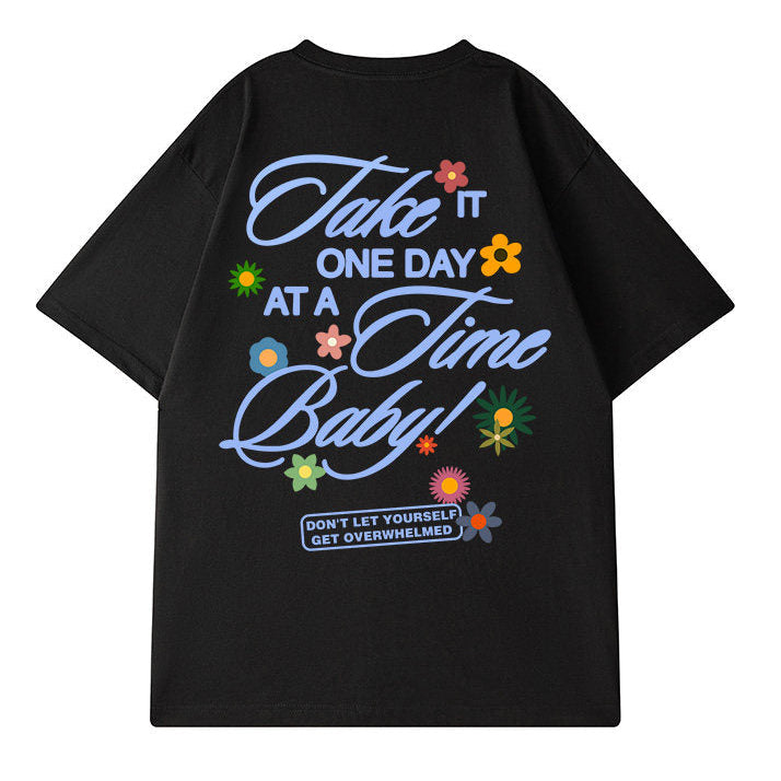 プリントフラワーモチーフルーズシルエット半袖Tシャツ U2600