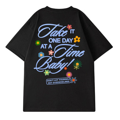 プリントフラワーモチーフルーズシルエット半袖Tシャツ U2600