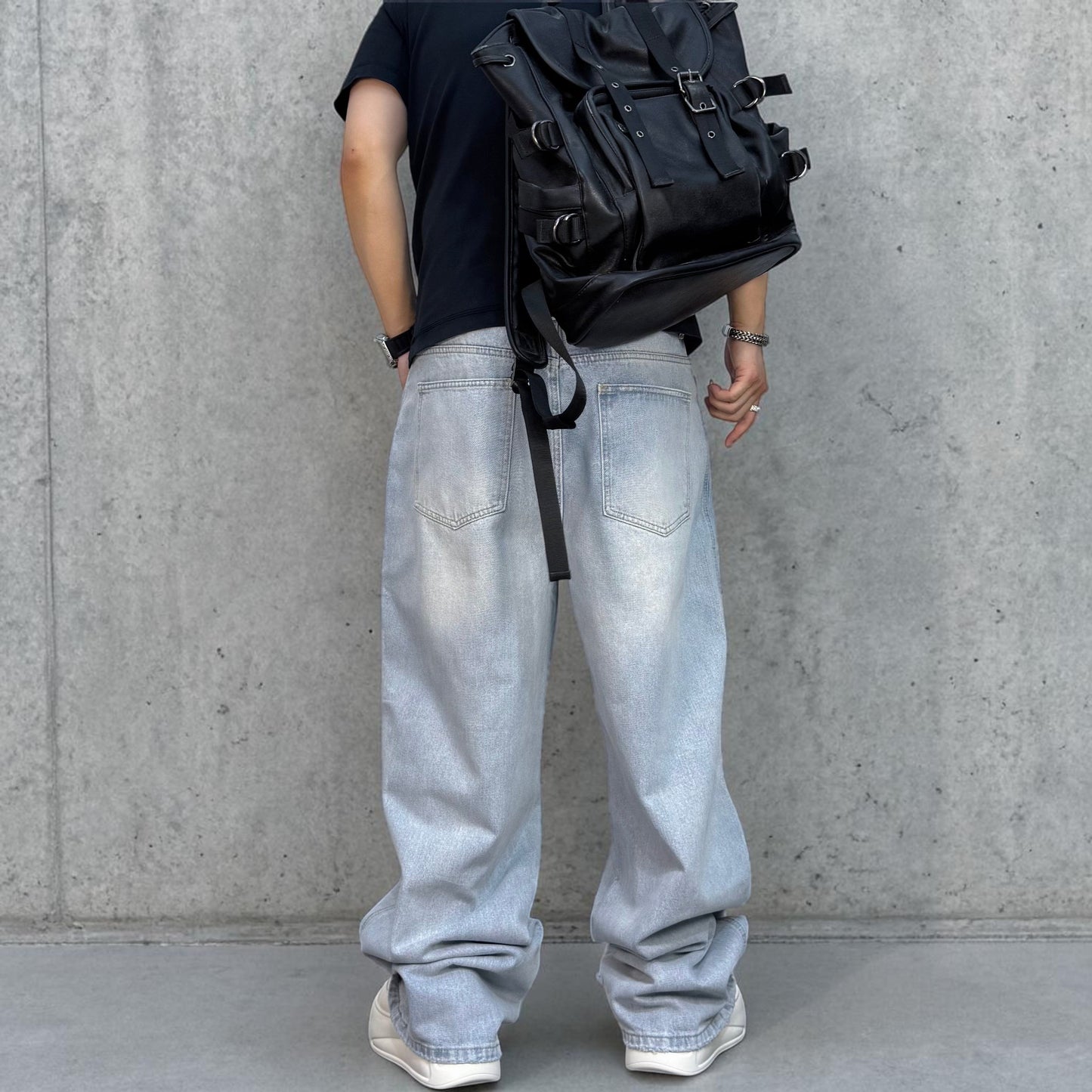 ライトブルーワイドダメージデニムパンツ U2584