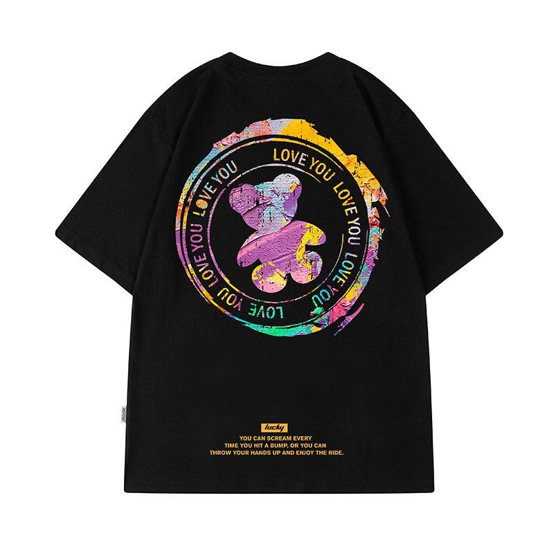 カラフルプリントベアグラフィック半袖Tシャツ U2596
