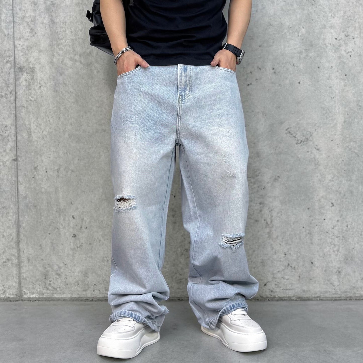 ライトブルーワイドダメージデニムパンツ U2584