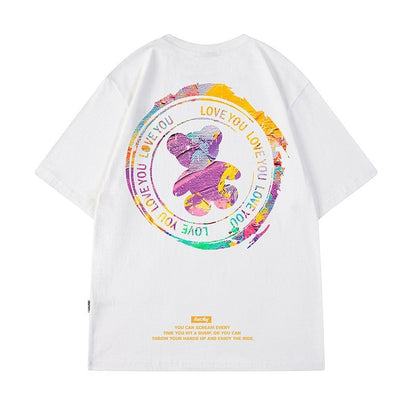 カラフルプリントベアグラフィック半袖Tシャツ U2596