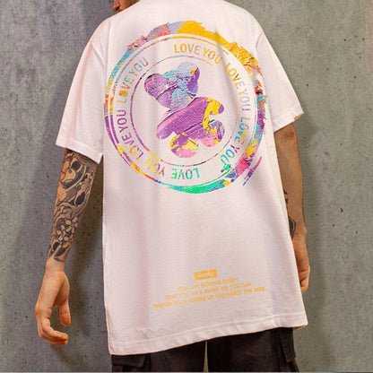 カラフルプリントベアグラフィック半袖Tシャツ U2596