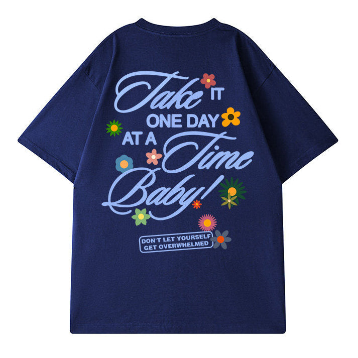 プリントフラワーモチーフルーズシルエット半袖Tシャツ U2600