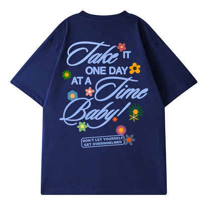 プリントフラワーモチーフルーズシルエット半袖Tシャツ U2600