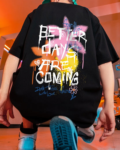 カラースプレーメッセージグラフィック半袖Tシャツ U2493