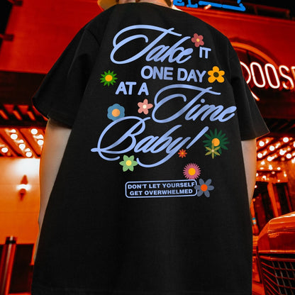 プリントフラワーモチーフルーズシルエット半袖Tシャツ U2600