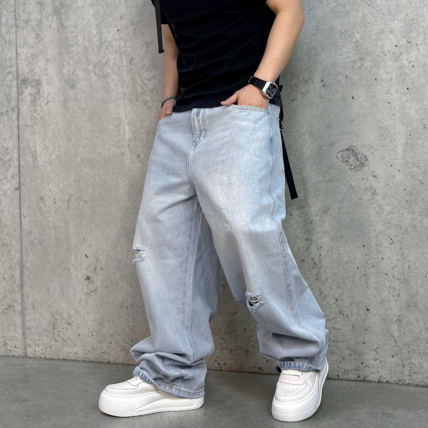 ライトブルーワイドダメージデニムパンツ U2584