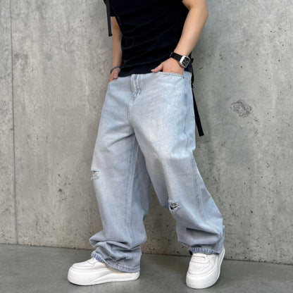 ライトブルーワイドダメージデニムパンツ U2584