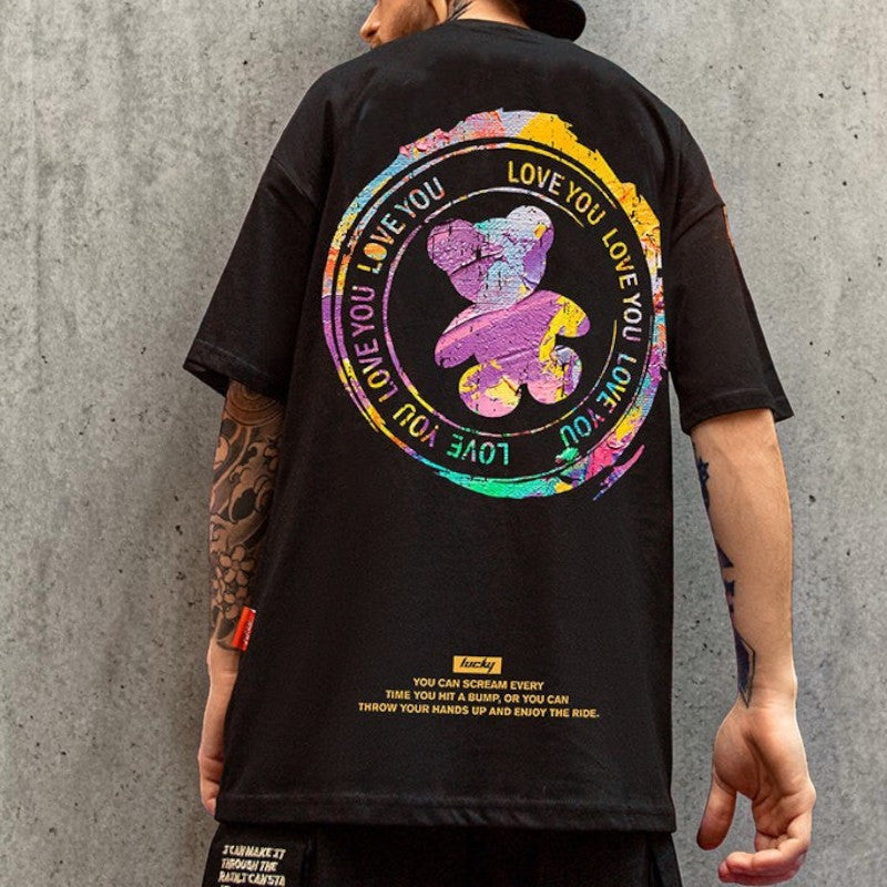 カラフルプリントベアグラフィック半袖Tシャツ U2596