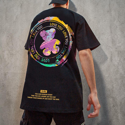 カラフルプリントベアグラフィック半袖Tシャツ U2596