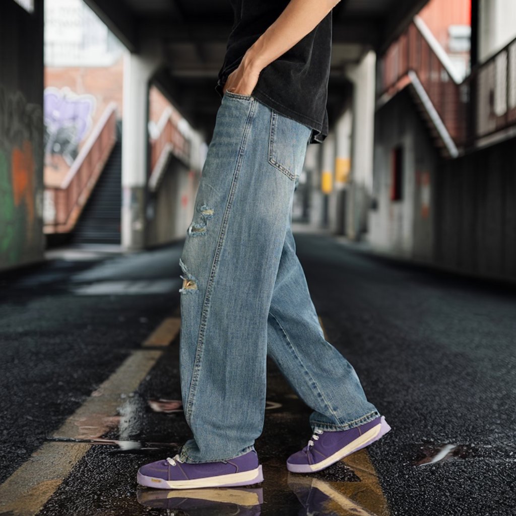 【OUTLET/即納】ワイドシルエットダメージデニムジーンズ U2361