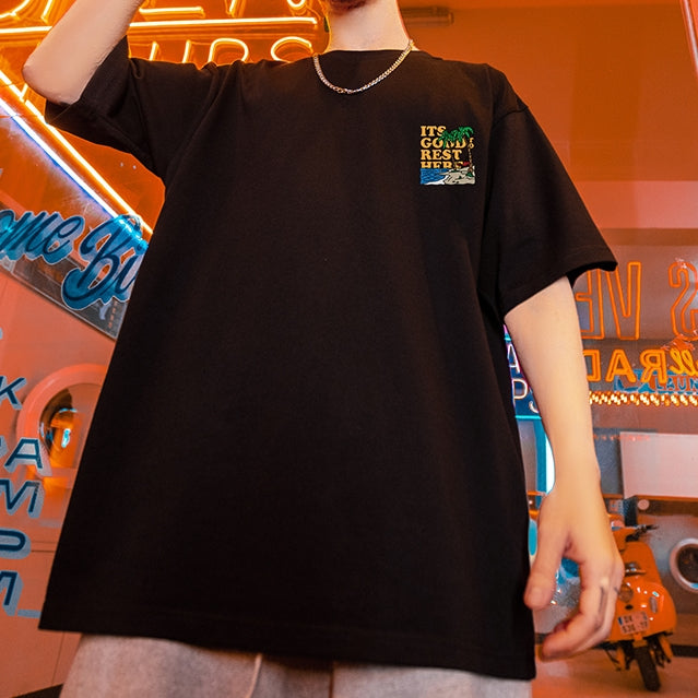 【OUTLET/即納】ビーチイラストプリント半袖Tシャツ U1821