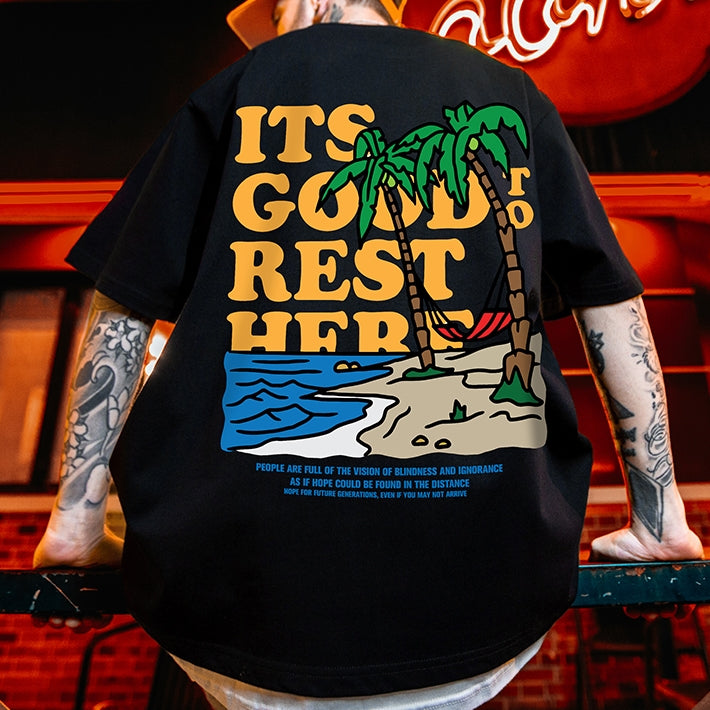 【OUTLET/即納】ビーチイラストプリント半袖Tシャツ U1821