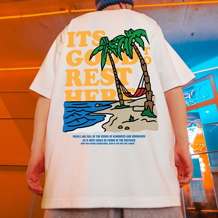 【OUTLET/即納】ビーチイラストプリント半袖Tシャツ U1821