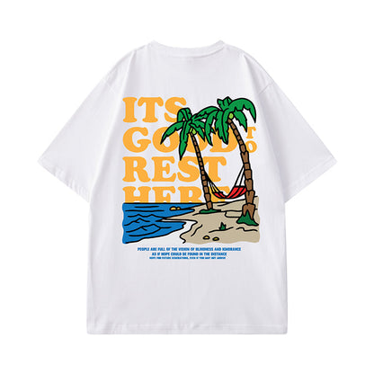 【OUTLET/即納】ビーチイラストプリント半袖Tシャツ U1821