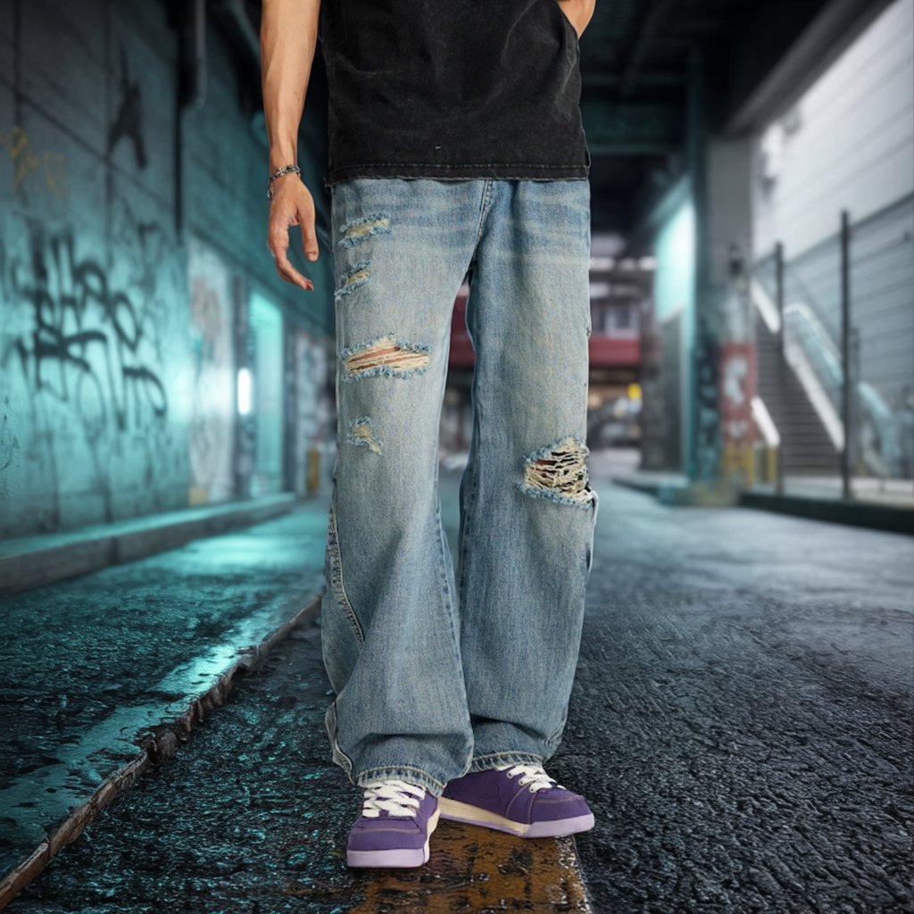 【OUTLET/即納】ワイドシルエットダメージデニムジーンズ U2361